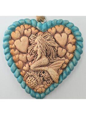 Kevin Rowley Sculpted Clay Mermaid Heart Ornament 3D USA Made Signed Beach Ocean